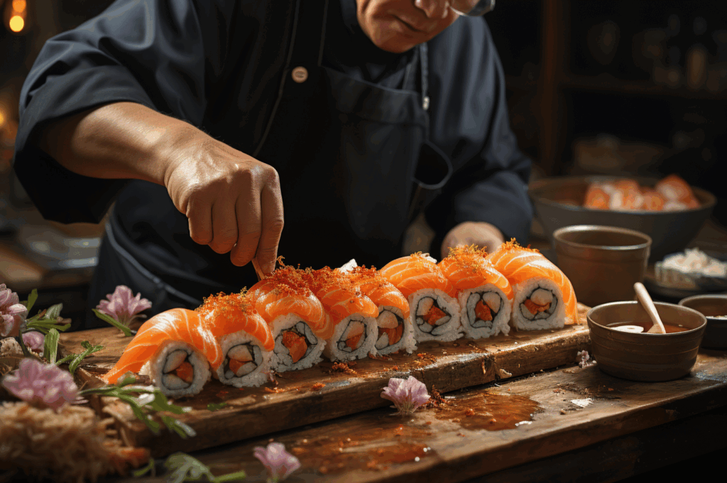 Chef in dark uniform garnishes salmon-topped sushi rolls with roe on a rustic wooden table, surrounded by pink flowers and artisanal bowls—evoking the warmth, precision, and seasonal elegance of a handcrafted omakase journey in Singapore.