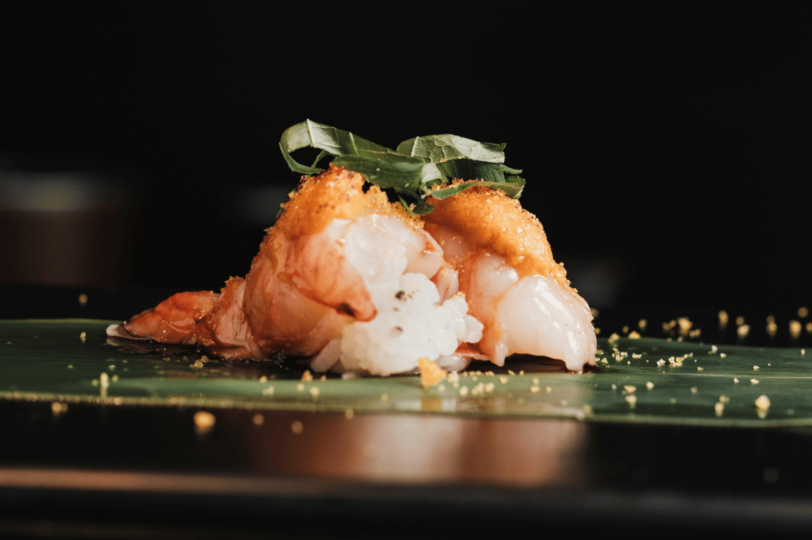 Close-up of a single sushi nigiri on a black plate, minimalist plating with dramatic lighting, highlighting contemporary Japanese presentation
