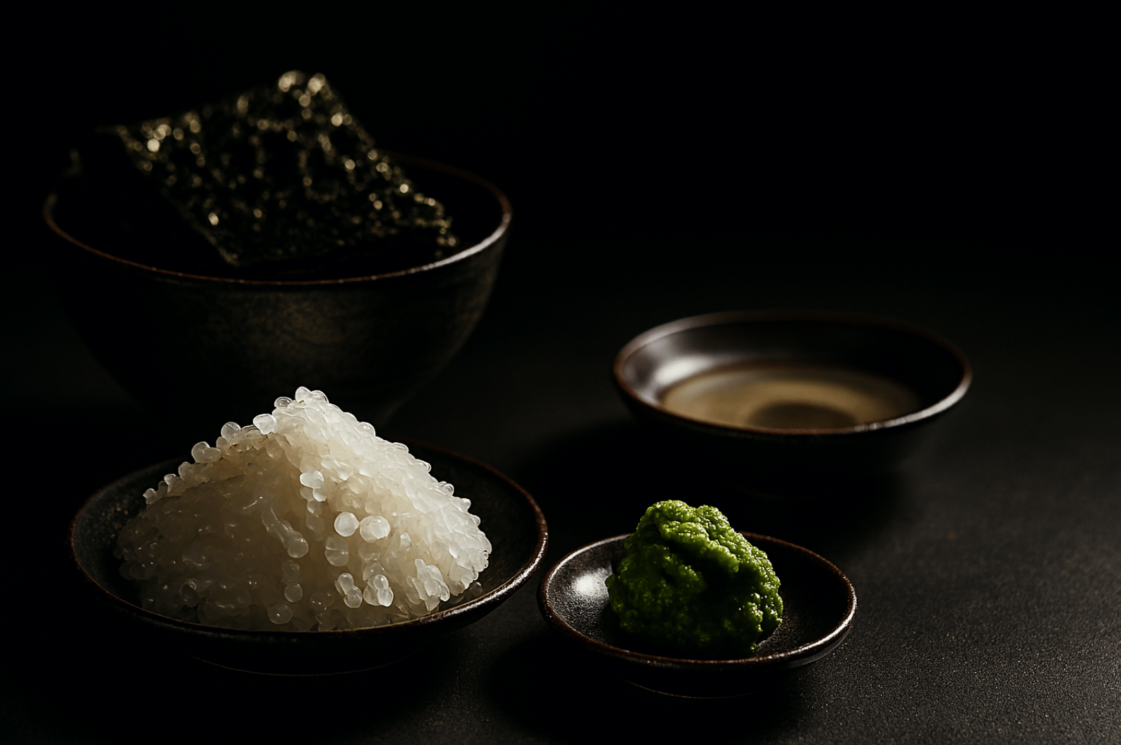 Minimalist arrangement of core sushi ingredients—uncooked white rice, vivid green wasabi, crisp nori sheets, and dark soy sauce—set against a moody black backdrop. The composition highlights the textures and tonal contrasts of each element, inviting reflection on the purity and intentionality behind omakase sourcing. This still life captures the quiet poetry of preparation, where each ingredient is chosen not just for flavor, but for its role in a larger culinary narrative.