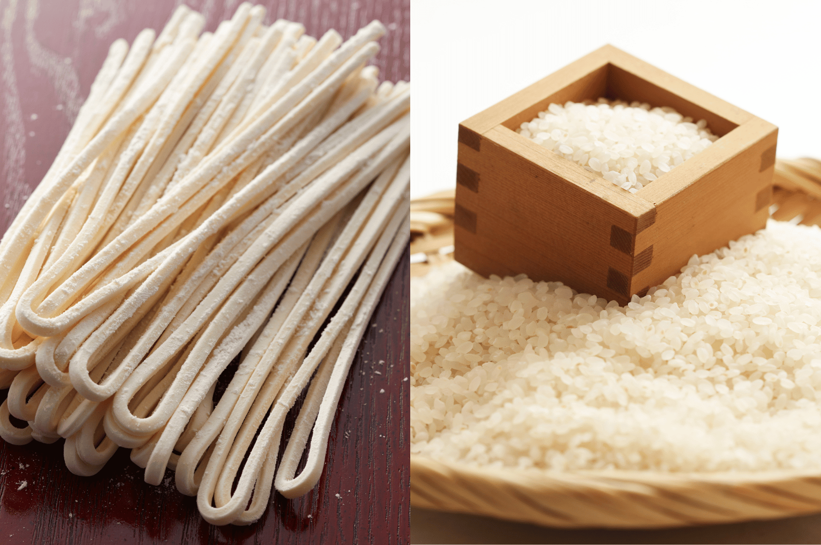 Split-image of Japanese staples—freshly floured udon noodles on dark wood and short-grain rice in a traditional masu box atop a bamboo tray—symbolizing the foundational textures and craftsmanship of Japanese cuisine, ready to be reimagined through Singapore’s local ingredients and fusion sensibility.