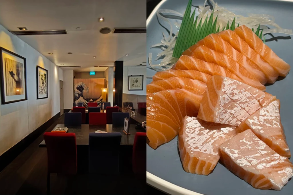 A side-by-side split image showing a Japanese restaurant interior on the left and a plate of fresh salmon sashimi on the right. The left side features an intimate dining room with dark wooden tables, red and navy blue upholstered chairs, and traditional art prints on light-colored walls under soft ceiling lights. The right side focuses on a close-up shot of vibrant orange salmon sashimi slices with distinct white fat marbling, meticulously arranged on a light blue platter with shredded radish garnish and green decorative accents.   