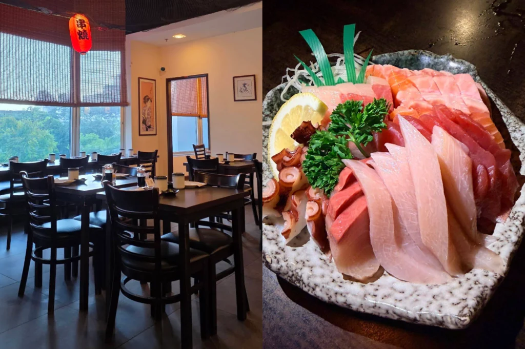 A side-by-side split image illustrating a cozy Japanese eatery on the left and a lavish sashimi platter on the right. The left panel depicts dark wood dining tables and chairs positioned beside large windows with woven blinds and a red Japanese lantern hanging from above. The right panel showcases a colorful assortment of sliced fresh seafood—including salmon, tuna, white fish, and octopus tentacles—garnished with parsley sprigs and a lemon slice on a textured ceramic dish.   