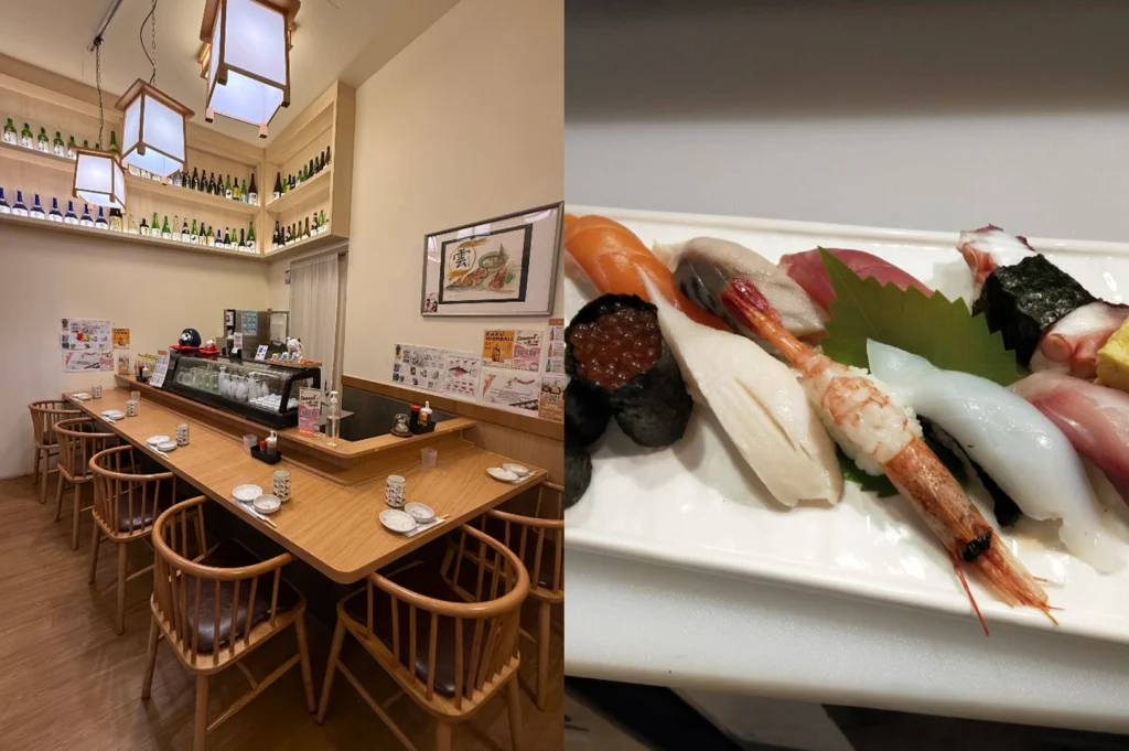A side-by-side split image featuring an authentic sushi bar environment on the left alongside an assortment of nigiri sushi on the right. The left side shows a clean, light-wood counter with matching wooden chairs, traditional paper lantern light fixtures hanging overhead, and shelves displaying sake bottles along the back wall. The right side presents a close-up view of a rectangular white serving plate filled with various nigiri sushi pieces, including sweet shrimp, squid, tuna, and gunkan sushi topped with salmon roe.   