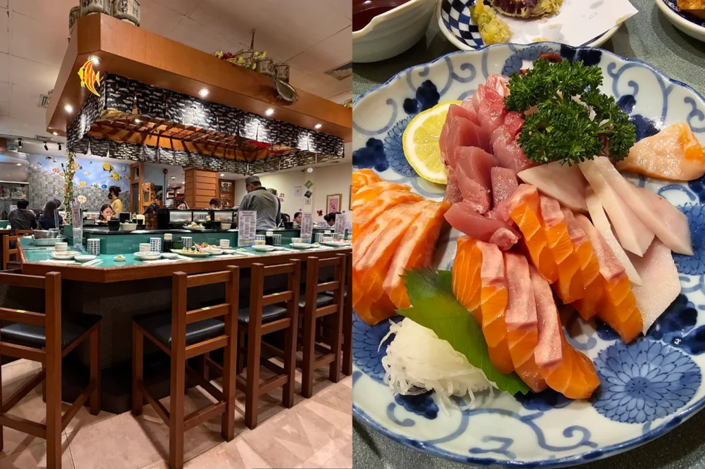 A side-by-side split image highlighting a traditional sushi counter interior on the left and a fresh sashimi platter on the right. The left section displays a central sushi bar area with dark wooden high-top bar stools surrounding a light green counter under an overhead canopy. The right section displays a blue-and-white patterned ceramic dish filled with thick slices of fresh salmon, tuna, and white fish sashimi alongside a lemon wheel and fresh herbs.   