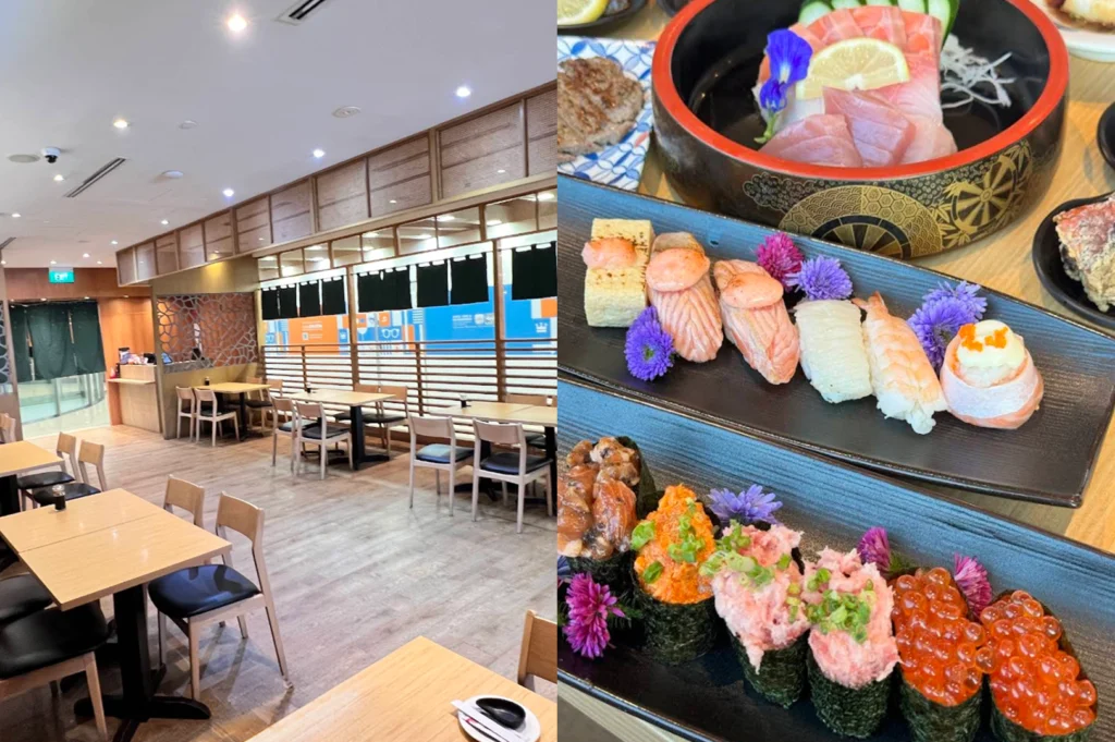 A side-by-side split image showcasing a spacious, modern Japanese dining room on the left and an elaborate sushi arrangement on the right. The left panel reveals a bright, open restaurant layout filled with light wooden tables, black-cushioned chairs, and Japanese wooden wall accents. The right panel shows long black platters filled with creative sushi rolls, seared nigiri, and gunkan sushi topped with spicy tuna and ikura, decorated with edible purple flowers.   