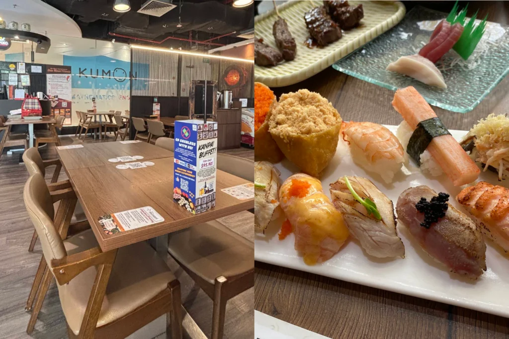 A side-by-side split image displaying a modern casual Japanese restaurant on the left and an array of nigiri and inari sushi on the right. The left photo shows wooden dining tables with tan leather chairs, set with promotional table stands and QR codes inside a bright shopping mall-style restaurant setting. The right photo features a close-up of a white rectangular platter filled with ebi (shrimp) nigiri, crabstick nigiri, stuffed inari pockets, and flamed sushi pieces topped with savory sauces and caviar.   