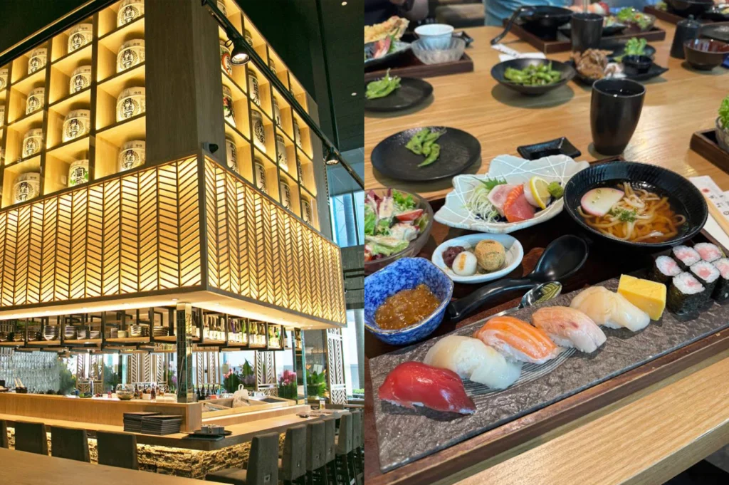 A side-by-side split image displaying a striking Japanese bar architecture on the left and an abundant sushi set meal on the right. The left side showcases a warm, illuminated wooden pillar decorated with patterned lattice panels and illuminated sake barrels stacked above a wrap-around bar seating area. The right side highlights a wooden table filled with a complete feast, including a slate tray of varied nigiri sushi, maki rolls, hot noodle soup, fresh salad, edamame, and sashimi slices.   