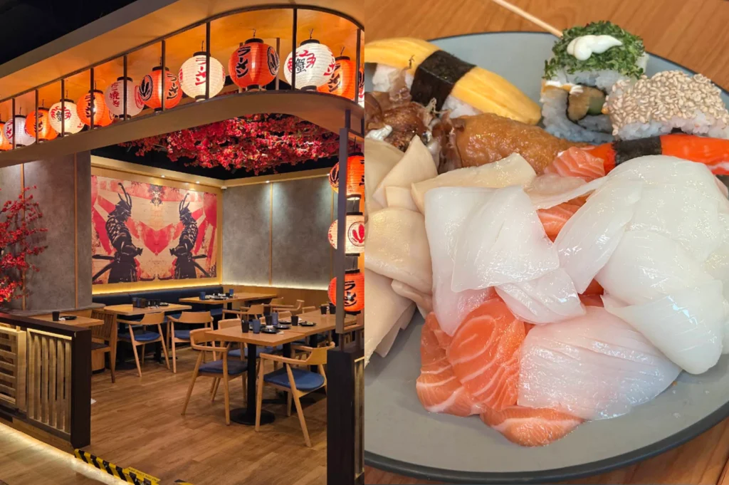 A side-by-side split image displaying an ambient Japanese restaurant dining area on the left and a full plate of mixed sushi and sashimi on the right. The left side shows dark wooden tables and chairs set beneath bright red lantern lights and a cherry blossom feature ceiling, complemented by samurai artwork on the walls. The right side offers a close-up of a platter piled high with fresh thick slices of white fish and salmon sashimi alongside tamago nigiri and decorated sushi rolls.   