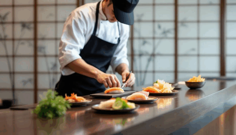 The image showcases a beautifully arranged omakase counter at a Japanese restaurant in Singapore, where a skilled Japanese chef artfully prepares elegant sushi pieces. The setup highlights the culinary artistry of traditional Japanese cuisine, featuring fresh sashimi and premium ingredients that promise an exquisite dining experience.