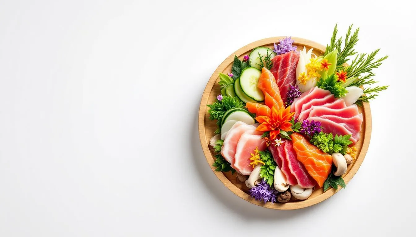 An exquisite arrangement of seasonal Japanese ingredients showcases fresh sashimi, vibrant vegetables, and elegant garnishes, reflecting the culinary artistry of authentic Japanese cuisine. This visually appealing display invites diners to experience the rich flavors and quality ingredients characteristic of Japanese dining.