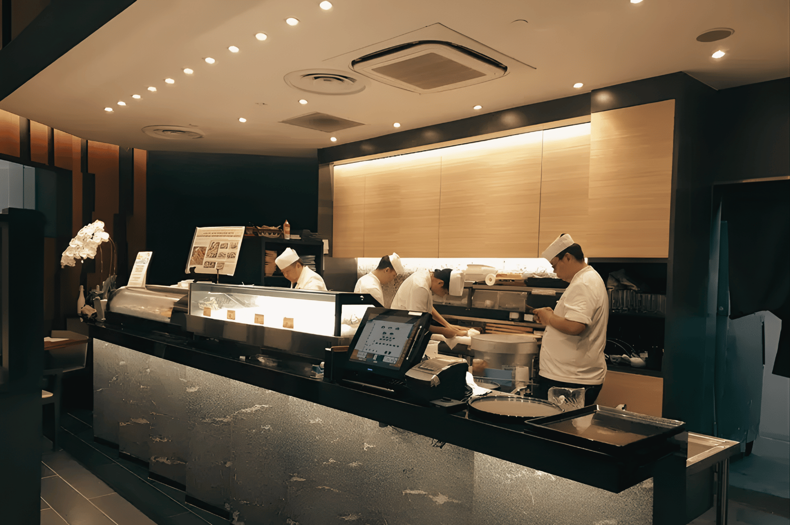 Chefs preparing omakase behind a sleek sushi counter at Kuriya Dining, highlighting meticulous, seasonal Japanese dishes.