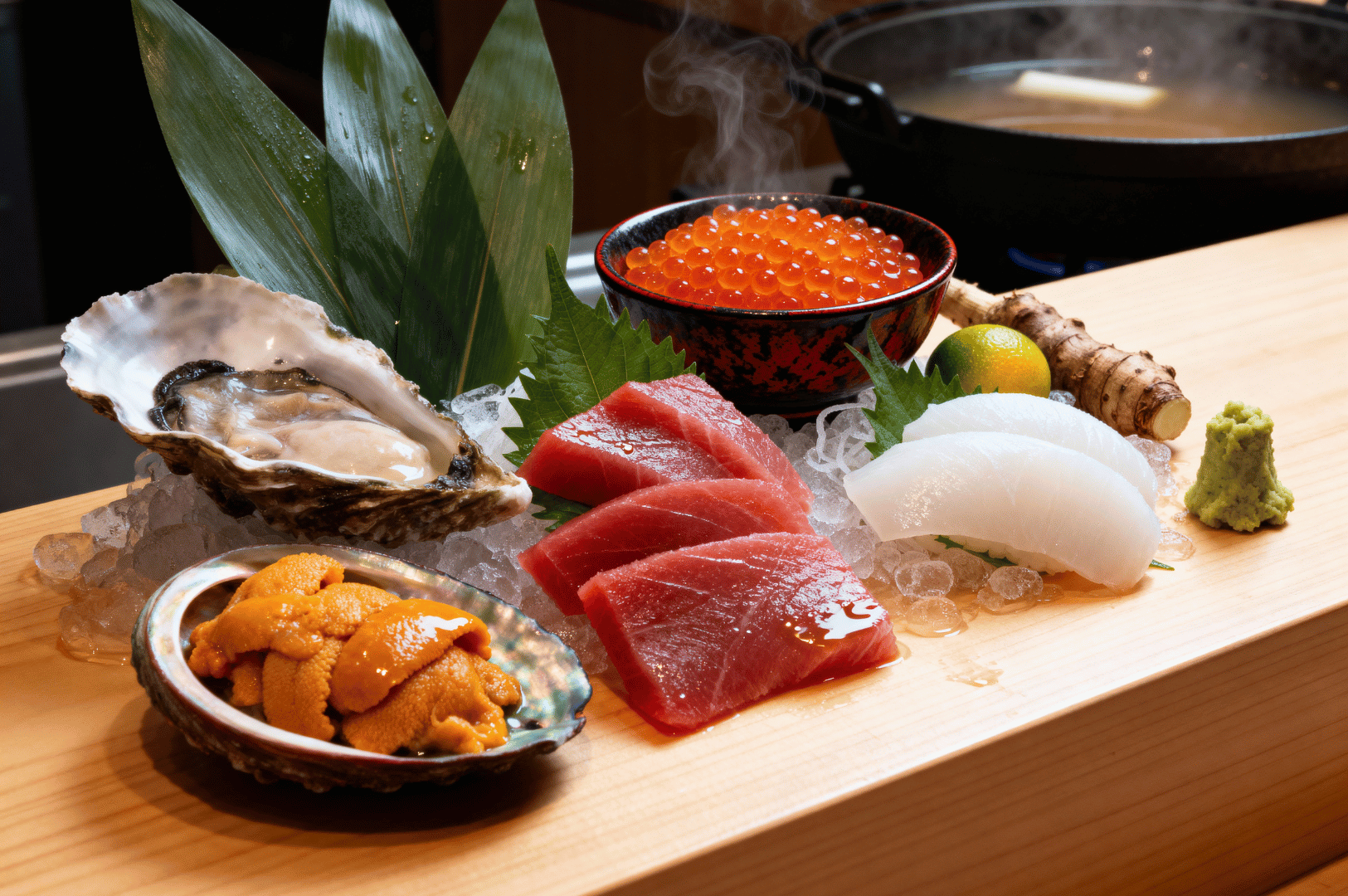 An elegant sashimi platter featuring tuna, squid, salmon roe, oyster, and sea urchin, beautifully arranged with shiso leaves, wasabi, and garnishes on crushed ice at a traditional sushi counter in Singapore.
