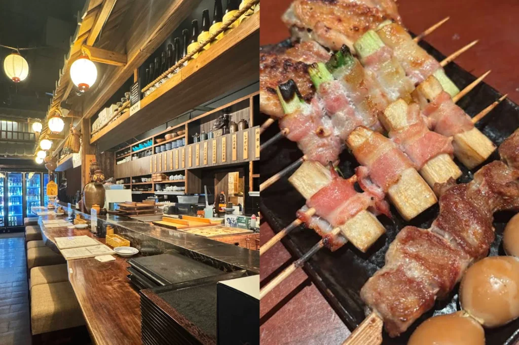 The left side of this image captures the warm, atmospheric interior of a traditional Japanese Izakaya, featuring a long wooden counter, cushioned stools, and shelves lined with sake bottles under glowing paper lanterns. The right side focuses on a close-up of grilled yakitori skewers, showing glistening bacon-wrapped cherry tomatoes, charred chicken, and glossy quail eggs resting on a dark ceramic plate.