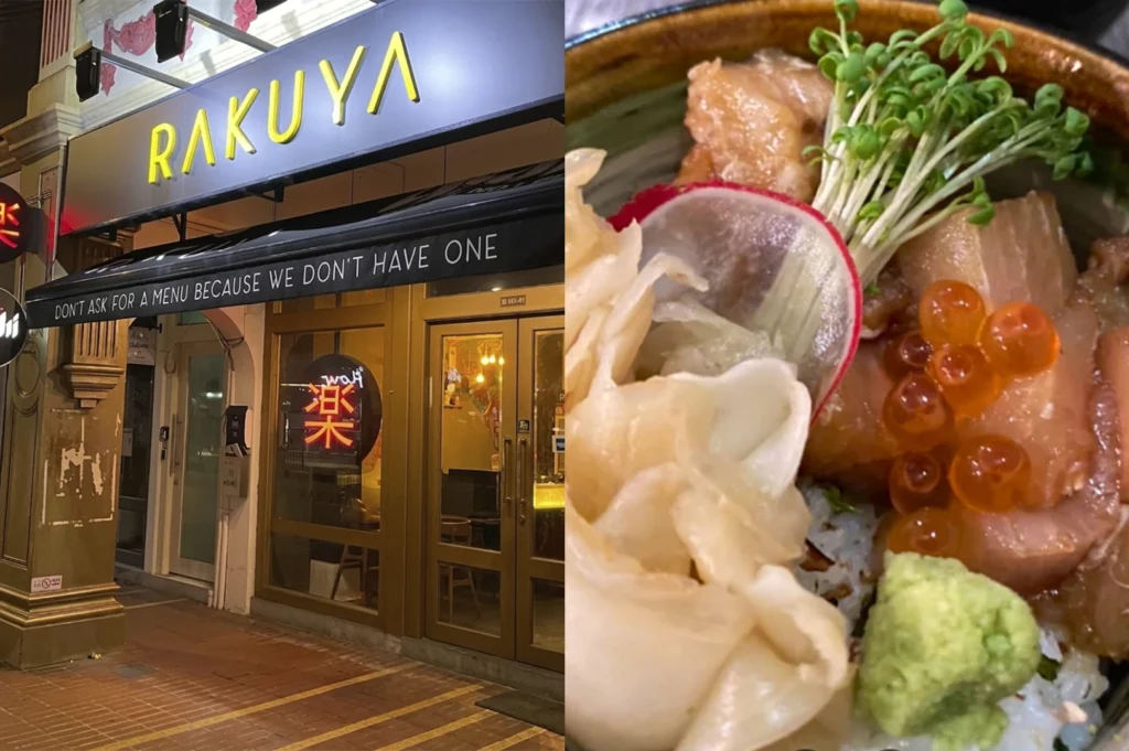 The storefront of Rakuya is depicted at night with bright yellow lettering and a witty black awning that reads, "Don't ask for a menu because we don't have one," while a red neon Japanese character glows through the glass door. To the right, a macro shot of a kaisen don seafood bowl displays marinated raw fish, vibrant orange salmon roe, and fresh micro-sprouts nestled alongside mounds of pickled ginger and wasabi.
