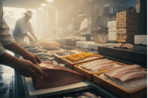 Freshly sliced tuna and premium seafood—including uni and mackerel—on display at a Japanese fish market, showcasing top-grade omakase ingredients and sourcing practices.