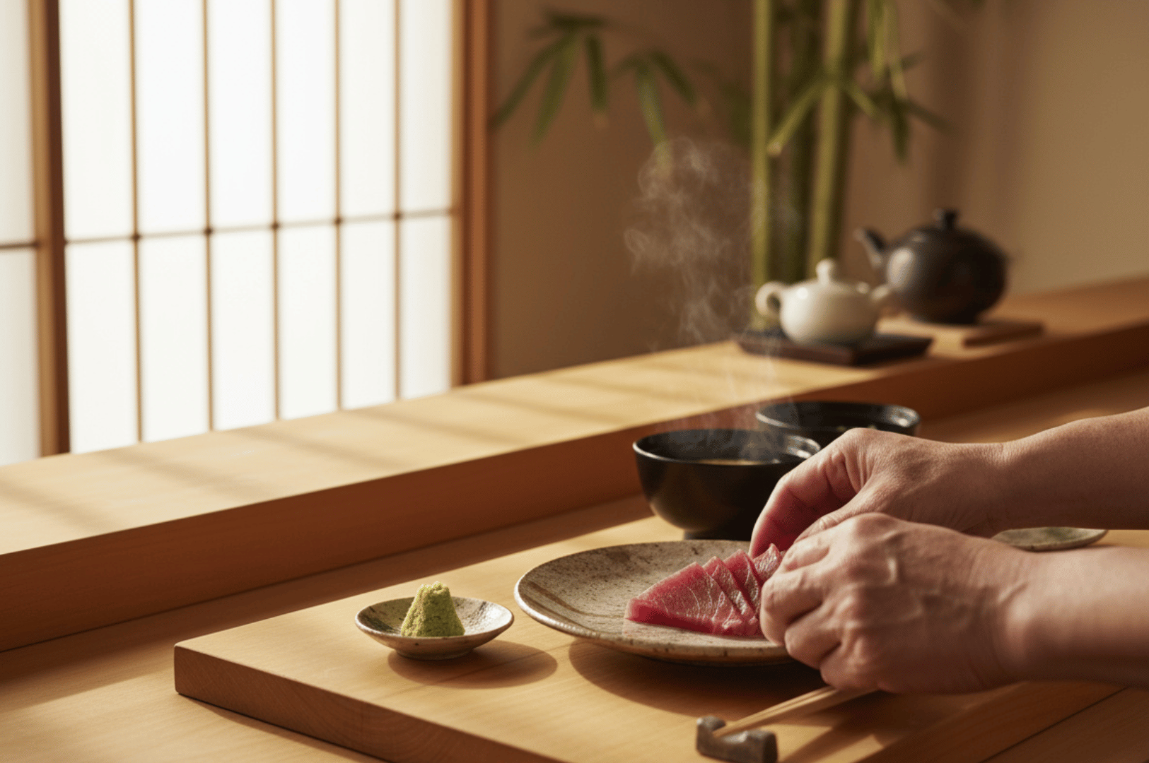 Minimalist Japanese kitchen scene with sashimi preparation, steaming miso soup, and traditional decor—highlighting the elegance and precision behind omakase ingredient handling.