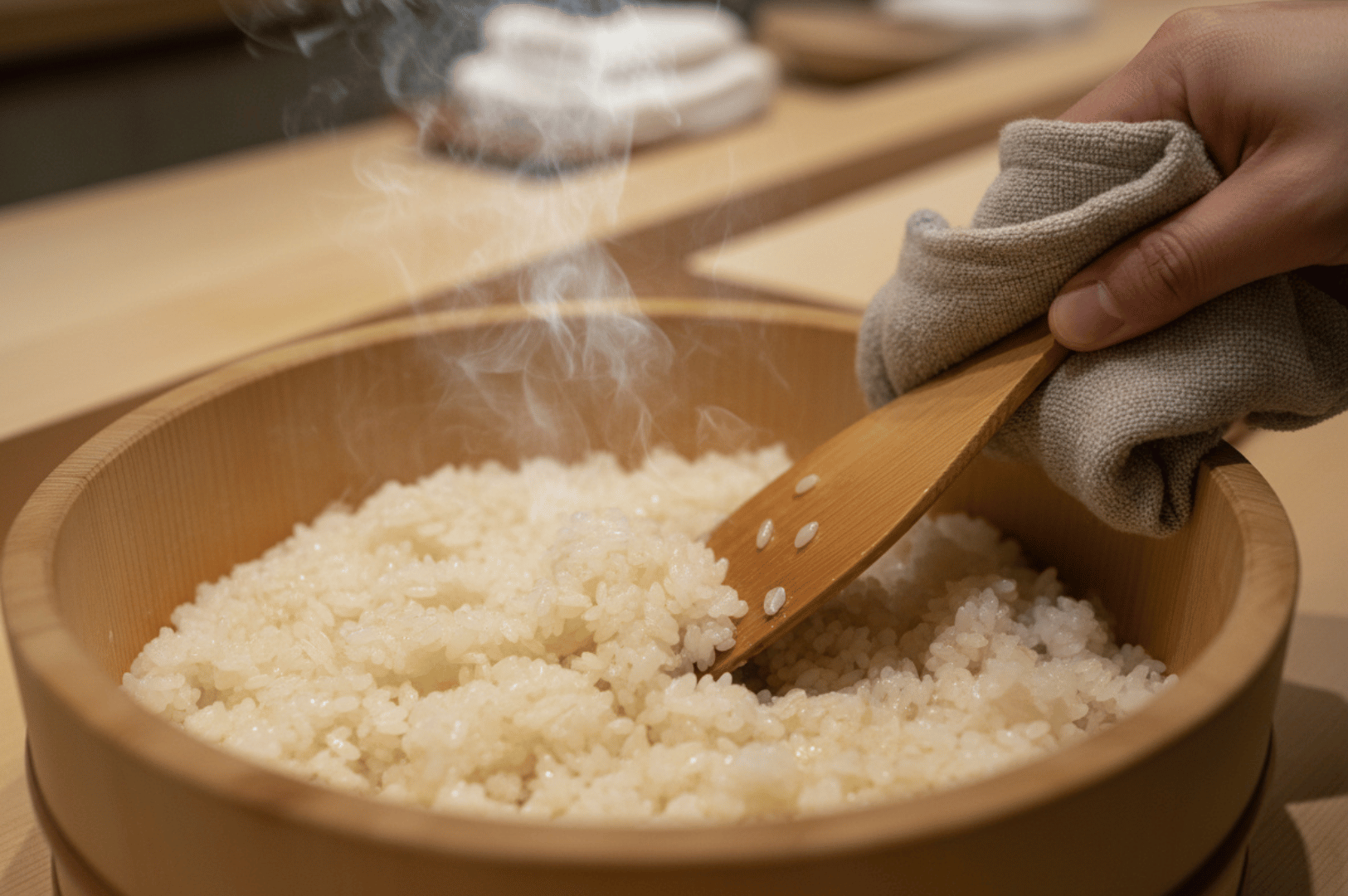 Steaming bowl of freshly cooked Japanese rice being fluffed with a wooden spatula—emphasizing the foundational role of perfectly prepared rice in omakase ingredient sourcing.
