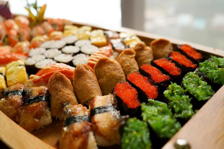 A beautifully arranged tray of diverse sushi types, a culinary adventure at top sushi buffets in Singapore.