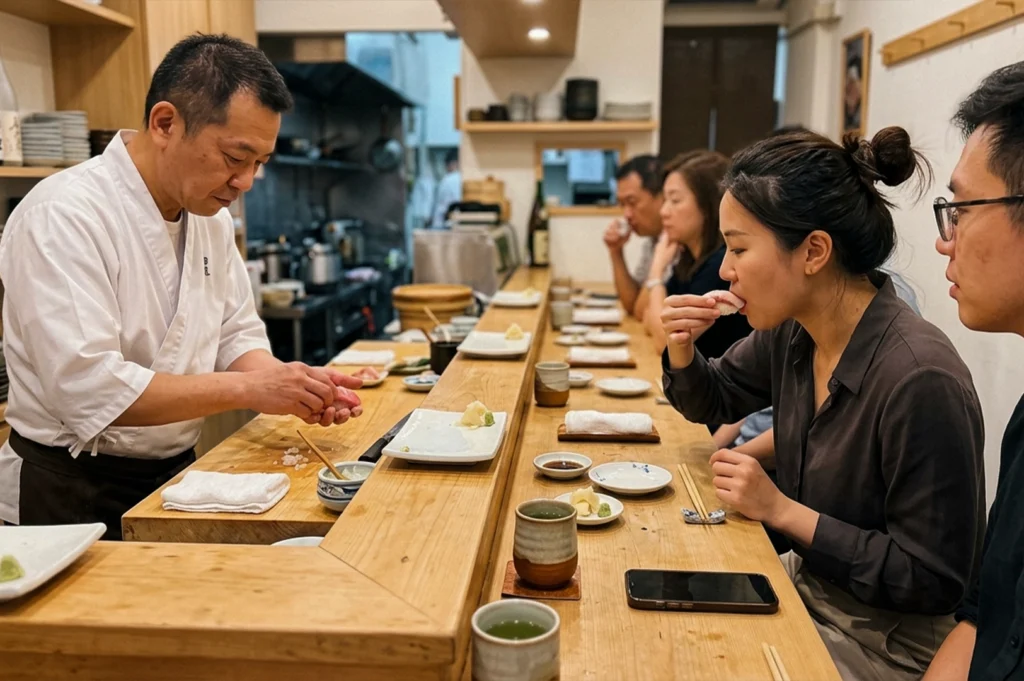Intimate sushi bar. On the left, a skilled sushi chef in a traditional white uniform carefully hand-presses a piece of nigiri behind a light-colored wooden counter, with the blurred background of a busy kitchen visible. To the right, the counter extends into the foreground where several diners are seated; a young woman is captured mid-bite as she enjoys a piece of sushi, while the person next to her looks on. The counter is meticulously set with small plates of ginger and wasabi, ceramic cups of green tea, and soy sauce dishes, creating a warm and authentic dining atmosphere.