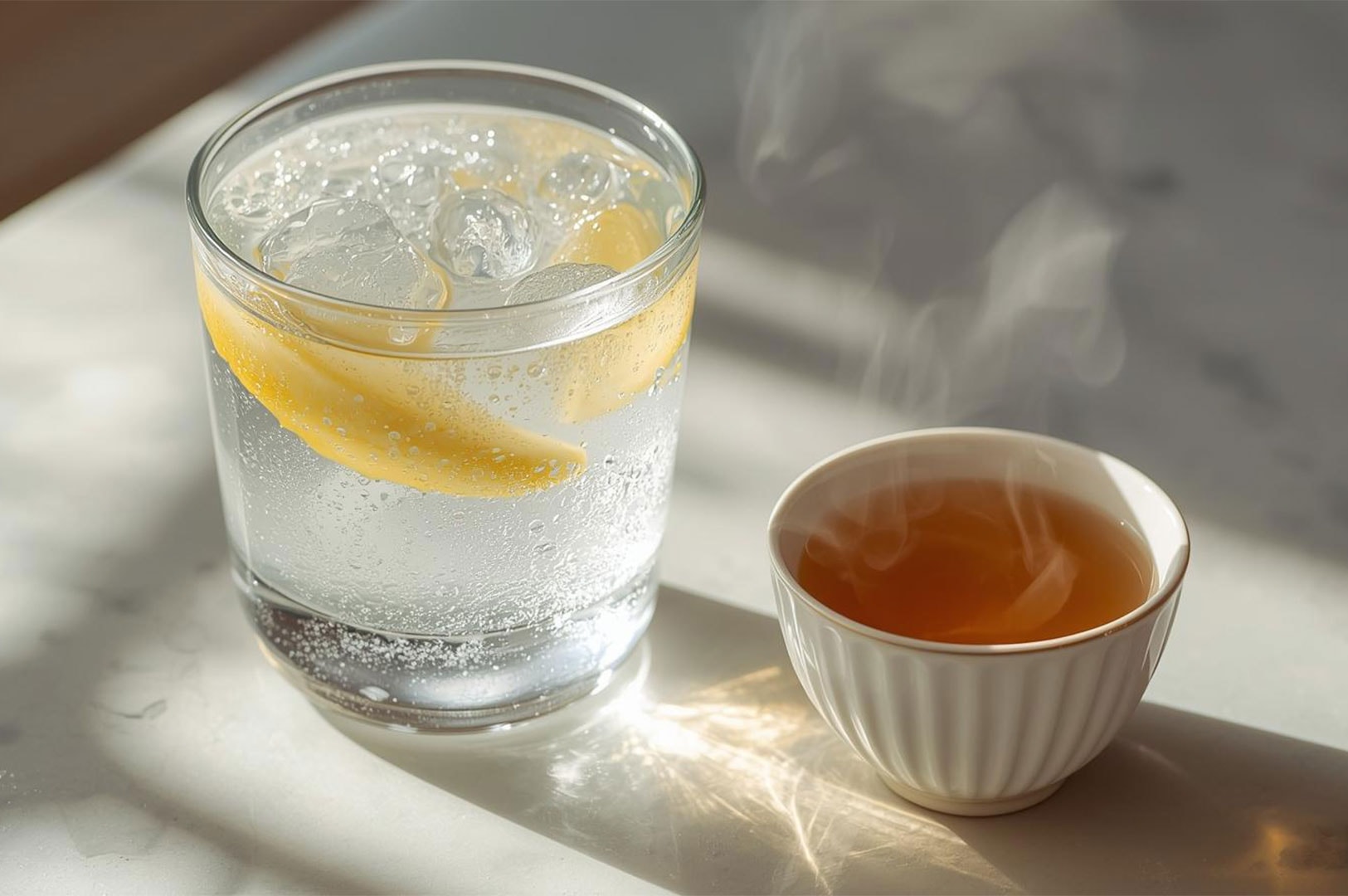 A refreshing glass of sparkling water with lemon and ice placed next to a steaming cup of hot tea in natural sunlight.