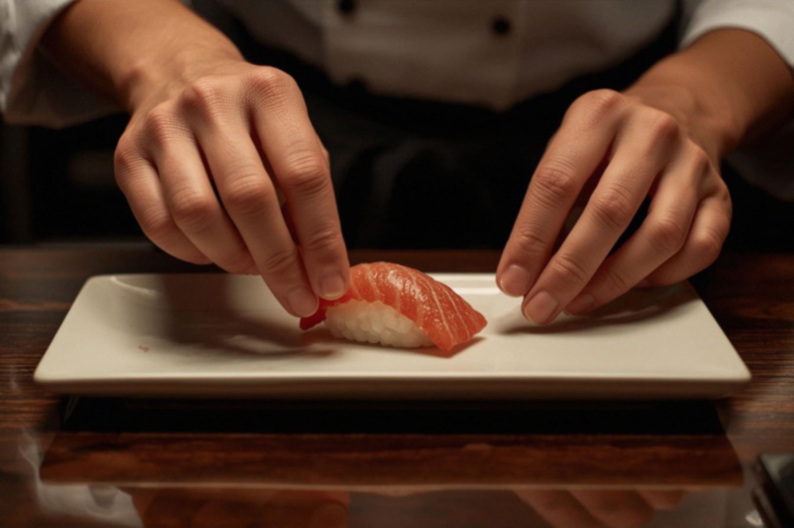A professional chef's hands carefully shaping a piece of tuna (maguro) nigiri sushi on a white rectangular serving plate.