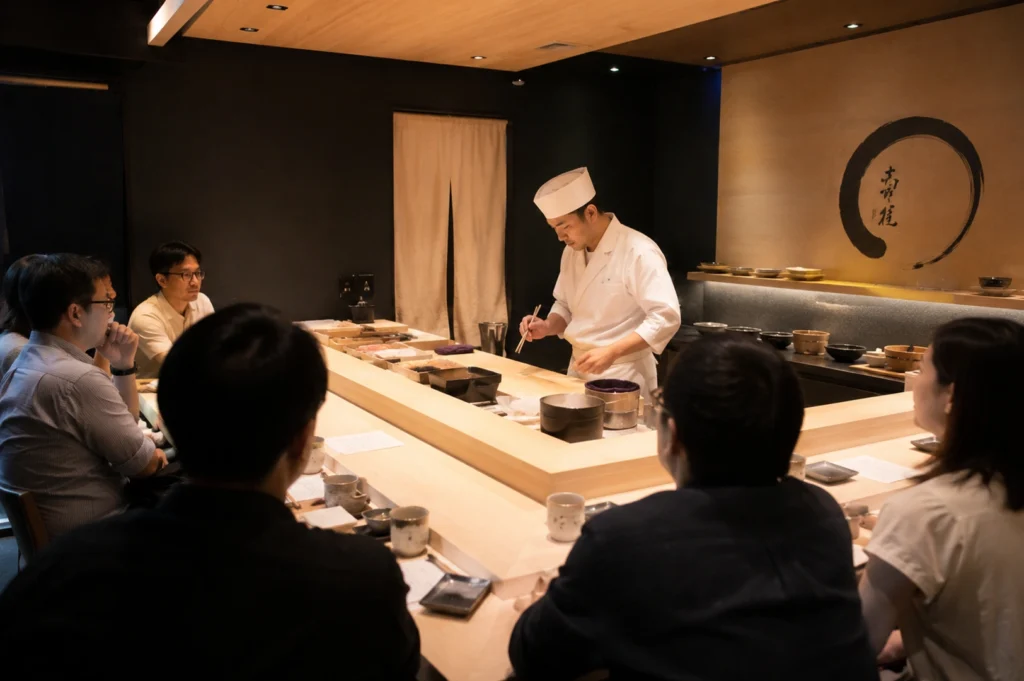 A medium shot captures a high-end, contemporary sushi restaurant interior where a Japanese chef in a traditional white uniform and tall chef's hat meticulously prepares food behind a sleek, L-shaped light wood counter. He stands in the center-right of the frame, holding chopsticks and looking down at his workspace, which features various containers, bowls, and a noren curtain in the dark background. Surrounding the counter, a group of about six customers—mostly men with short dark hair and glasses—sit in a row, their backs partially turned to the camera as they watch the chef attentively. The restaurant features a sophisticated aesthetic with black walls, a light wood ceiling, and a large, artistic black enso circle painted on a golden accent wall to the right, adding a touch of traditional Japanese elegance to the intimate, softly lit atmosphere.