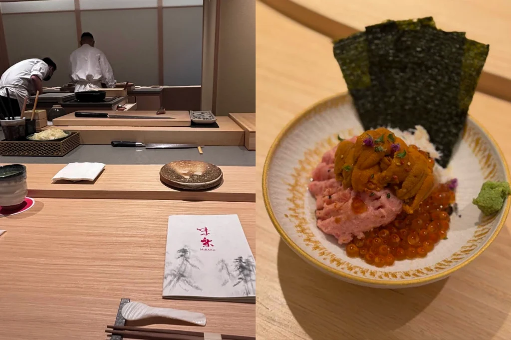 A split-screen image featuring an intimate omakase setting and a colorful seafood bowl. On the left, a chef in a white coat works at a pristine wooden counter at "Miraku," where professional knives and a menu are laid out for the guest. The right side shows a small ceramic bowl filled with a vibrant "chirashi" style arrangement, featuring a mound of minced fatty tuna, bright orange salmon roe (ikura), and a generous portion of sea urchin, served with several sheets of crisp nori seaweed standing upright.