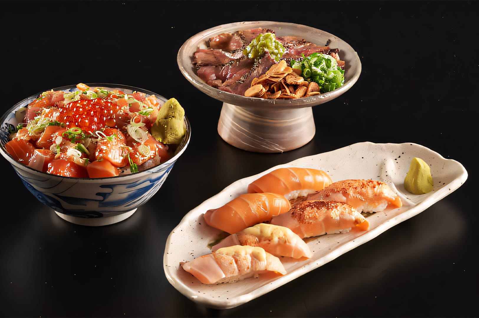 A set of Japanese dishes: Omote's famous chirashi don, a plate of aburi salmon sushi, and a bowl of sliced beef tataki.