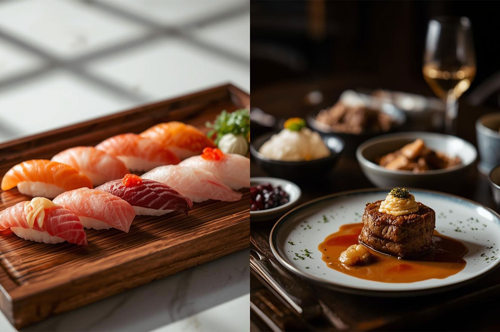 A split view showing a wooden board of assorted fresh nigiri sushi on the left and a plated steak dinner with wine and side dishes on the right.