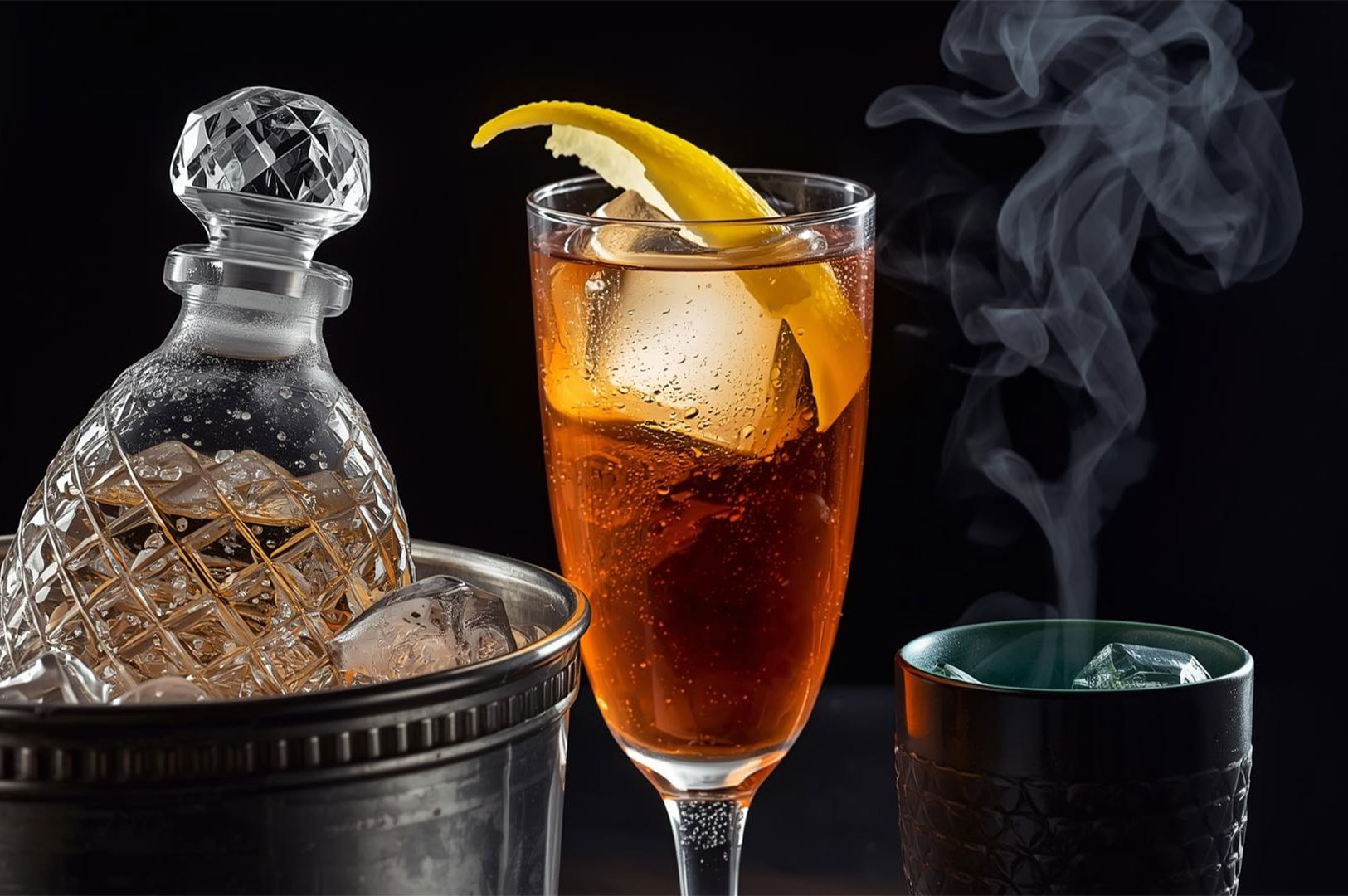 An elegant amber cocktail with a large clear ice cube and lemon twist, sitting next to a crystal decanter in a silver ice bucket.