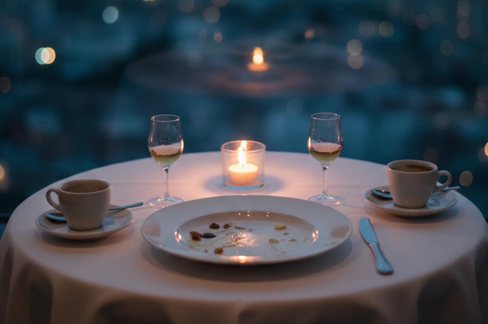 A restaurant table after a meal, featuring an empty dessert plate, coffee cups, and wine glasses overlooking a blue-hour city skyline.