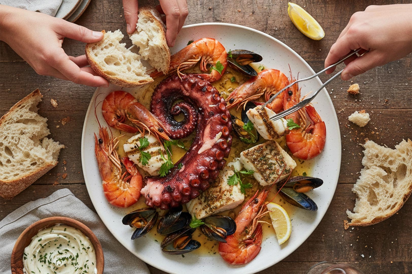 Top-down view of friends sharing a rustic seafood platter featuring a large grilled octopus tentacle, shrimp, mussels, and crusty bread.