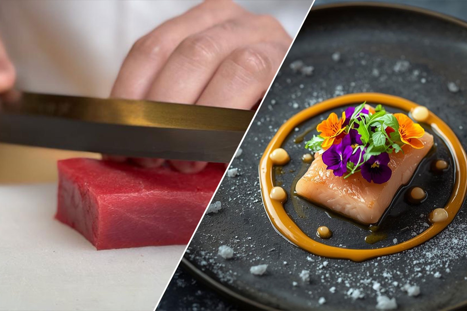 Split image showing a close-up of a chef slicing a block of raw red tuna on the left, and a gourmet plated fish dish topped with colorful edible flowers and sauce on the right.