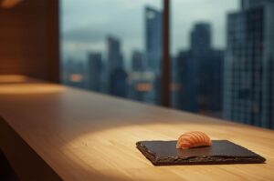A single piece of fresh salmon nigiri sushi served on a textured slate plate, set against a blurred backdrop of a city skyline through a large window.