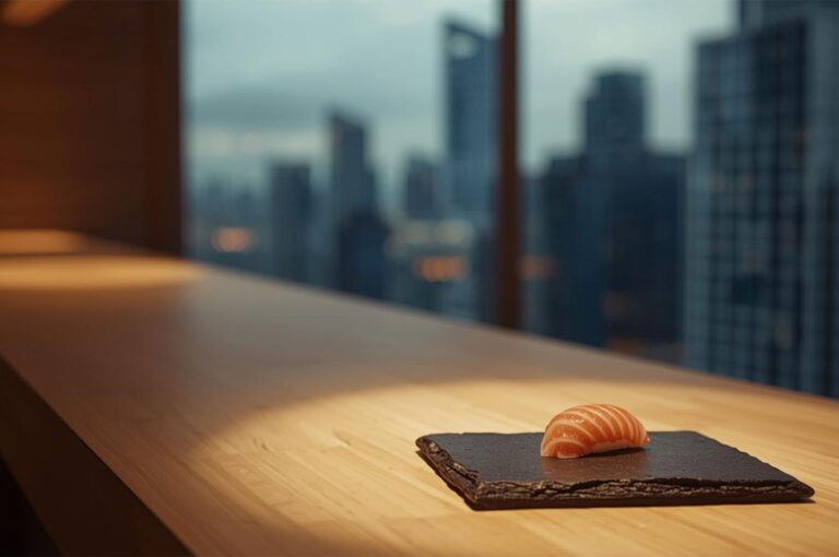 A single piece of fresh salmon nigiri sushi served on a textured slate plate, set against a blurred backdrop of a city skyline through a large window.