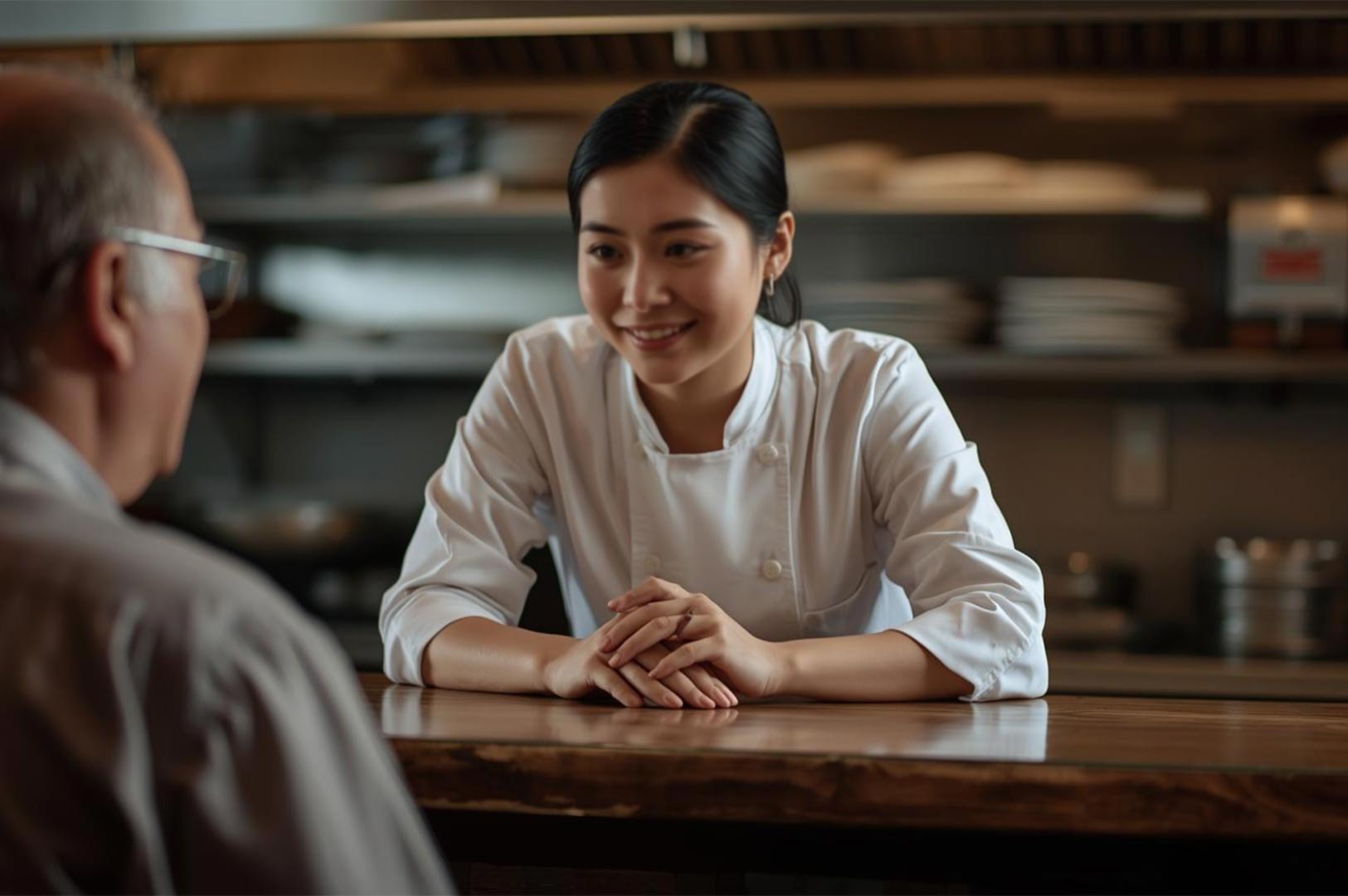 A smiling female sushi chef in a white uniform leaning on the counter to converse warmly with a seated guest.