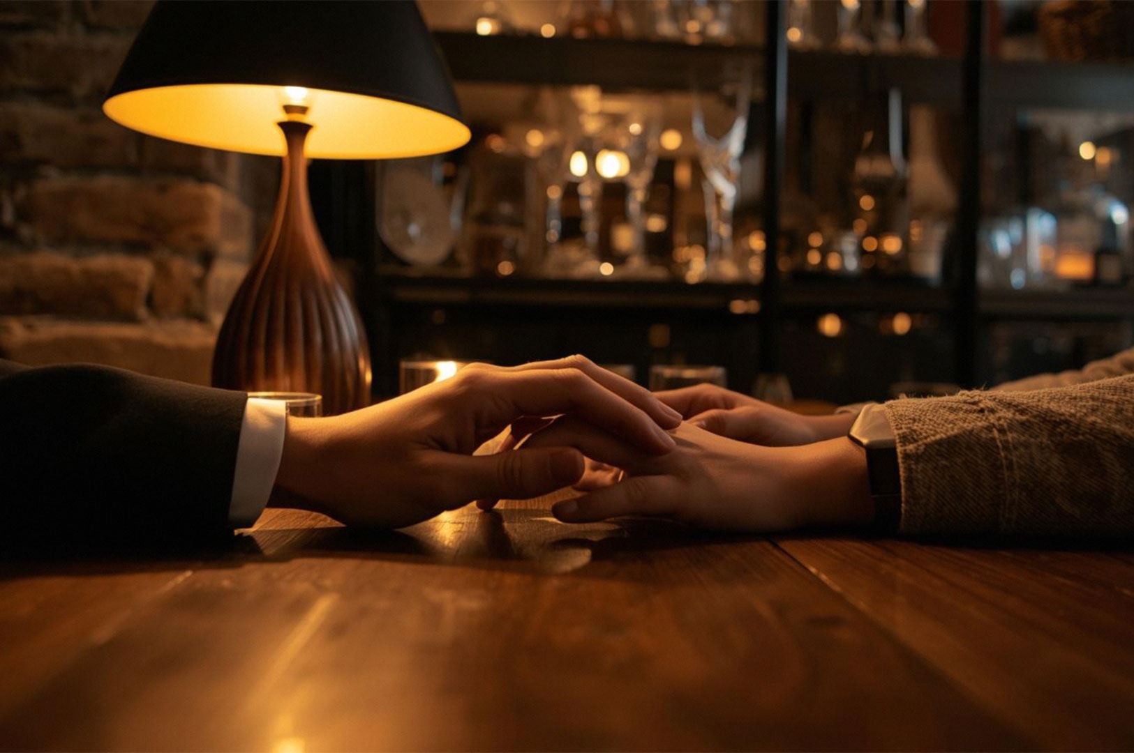 A close-up shot of a couple holding hands across a wooden table under warm, intimate lamp lighting during a dinner date.