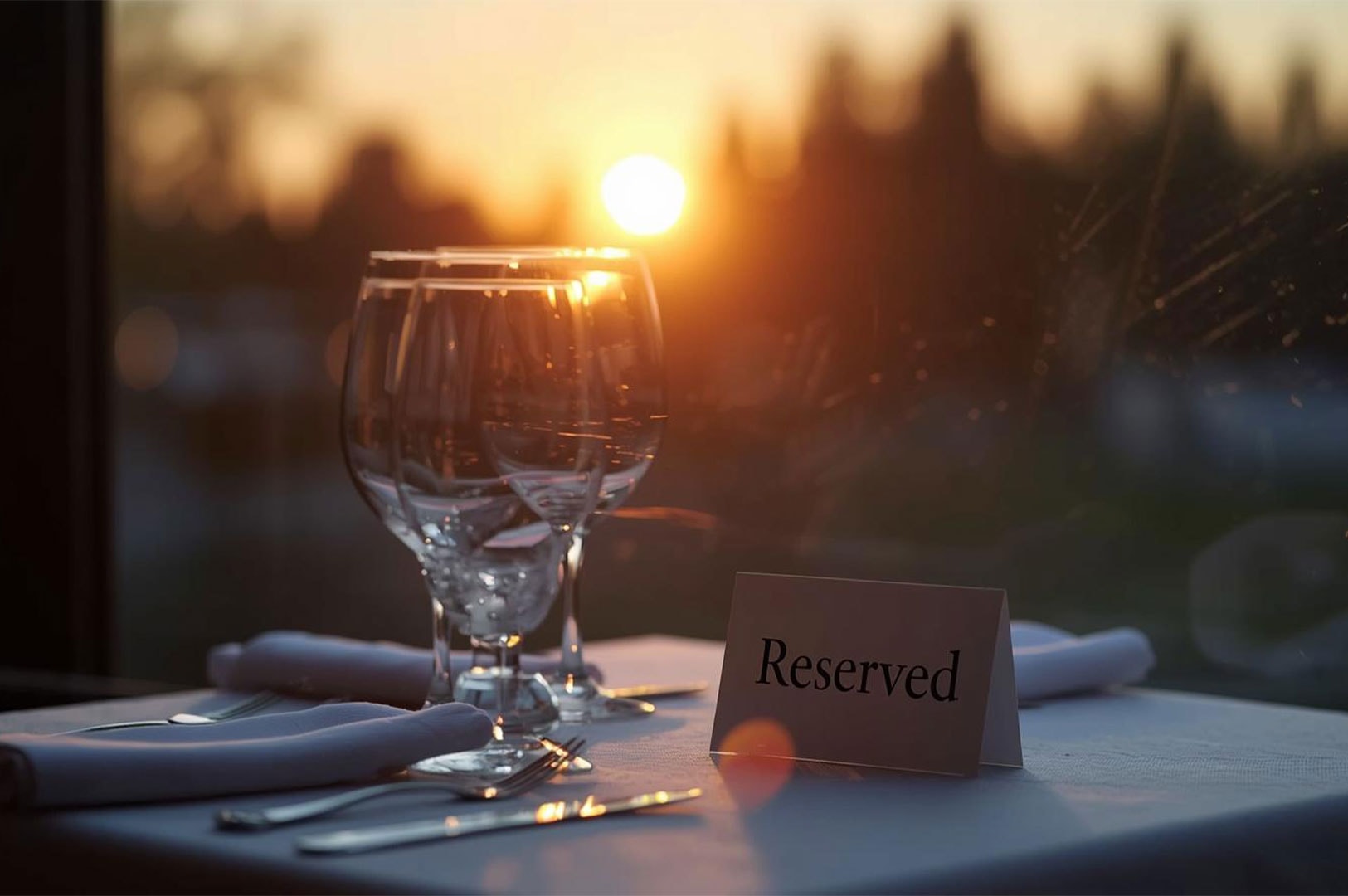 A close-up of a "Reserved" sign and wine glasses on a dining table with a bright, golden sunset glowing in the background.