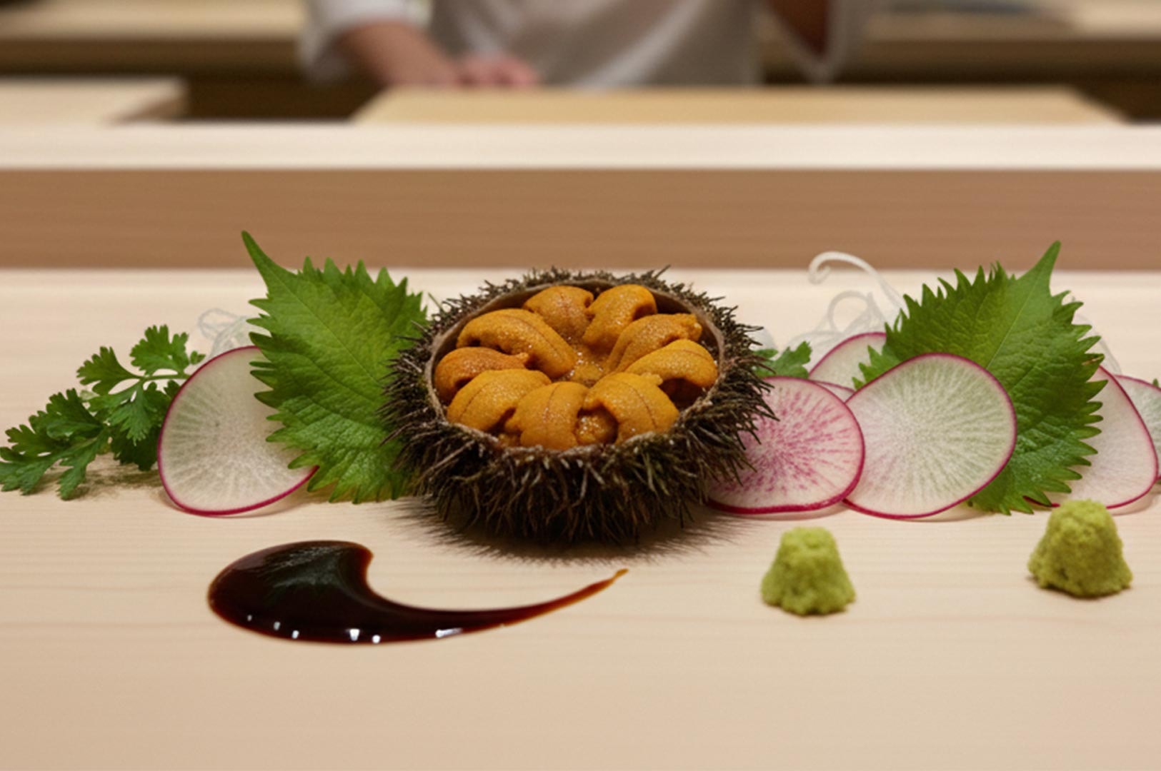Fresh Uni (sea urchin) served inside its spiky shell, artistically plated with shiso leaves, sliced radish, fresh wasabi, and a decorative swipe of soy sauce.
