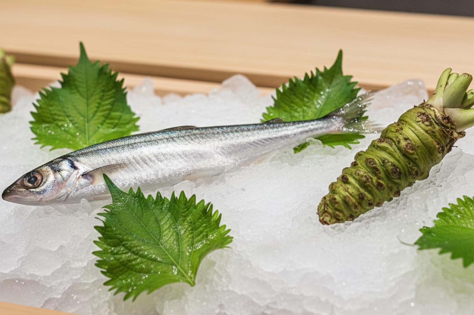 A whole fresh silver fish and a raw wasabi root displayed on a bed of crushed ice, showcasing premium sushi ingredients.