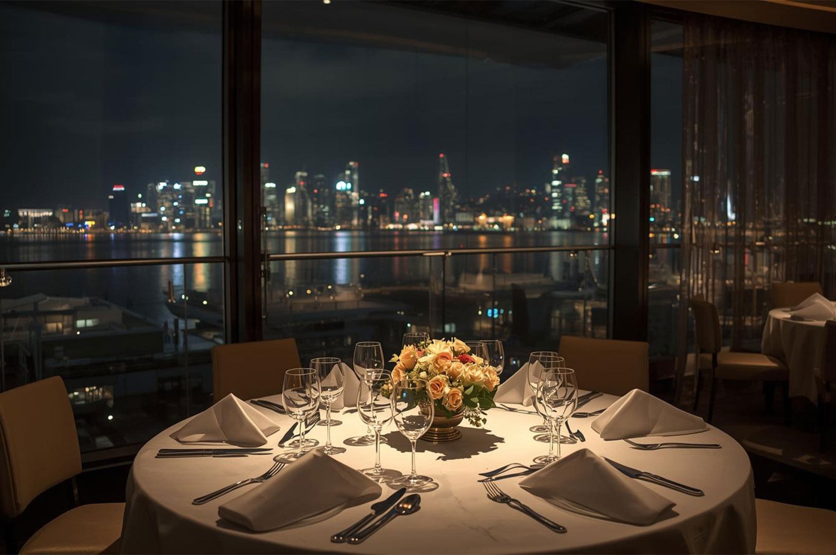 An elegant round dining table set with a floral centerpiece and white napkins, overlooking a glittering city skyline and harbor at night.