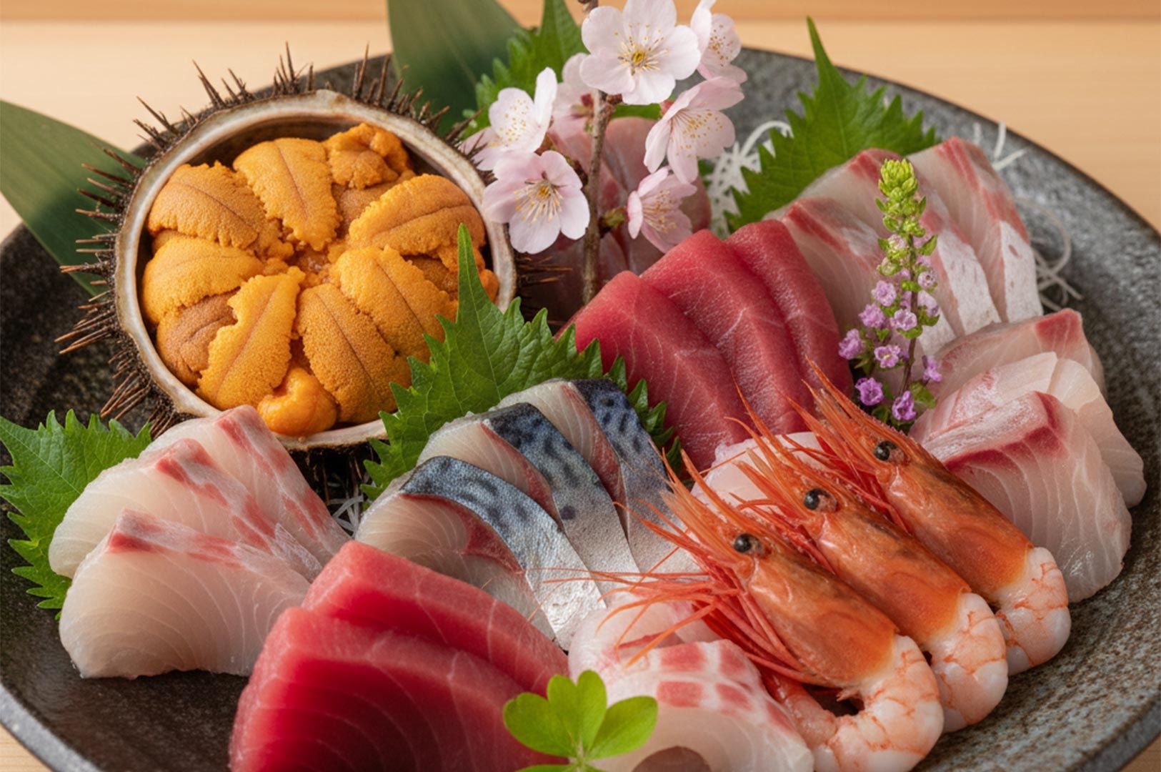 An elegant Japanese sashimi platter featuring fresh sea urchin (uni) in a shell, sliced bluefin tuna, sweet shrimp (amaebi), and assorted white fish garnished with shiso leaves and cherry blossoms.