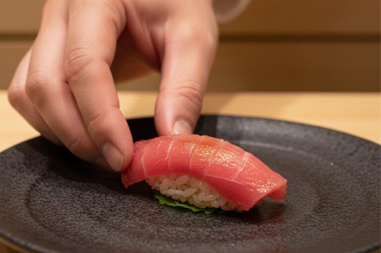 Close-up of a sushi chef's hand delicately placing a piece of premium tuna nigiri onto a textured black ceramic plate.