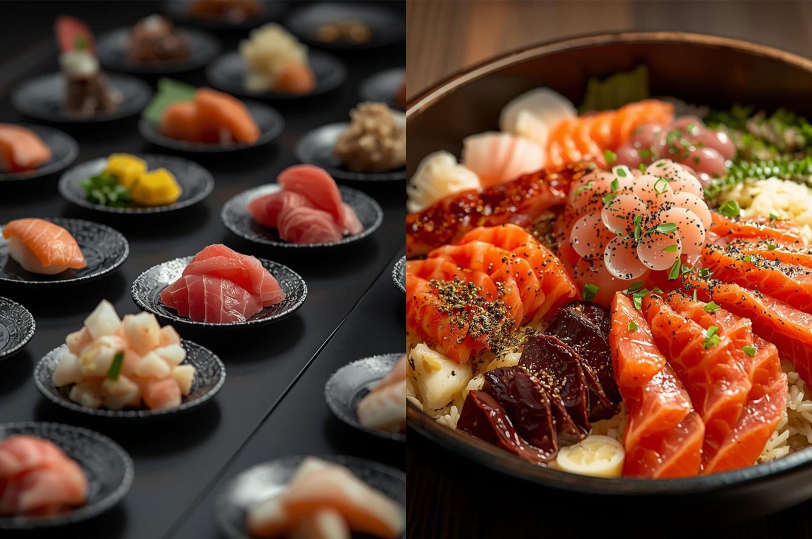 A split image showing a row of small tasting menu plates on the left and a large, colorful chirashi bowl topped with fresh salmon, scallops, and roe on the right.