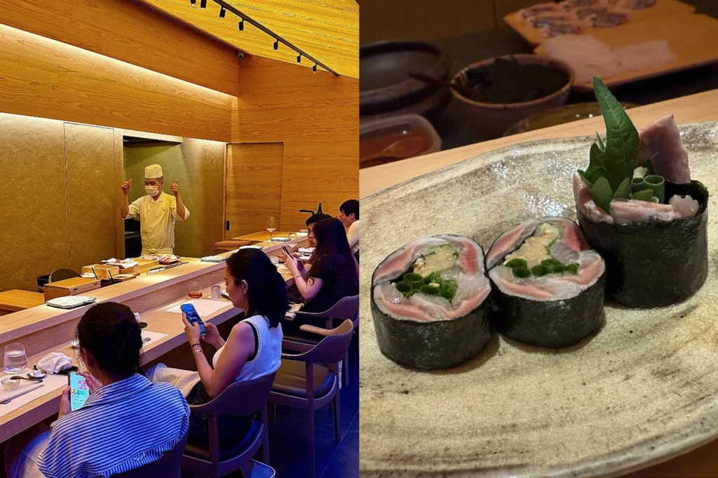 This split-screen image contrasts the lively atmosphere of a dining room with the intricate detail of the food. The left panel shows a vibrant restaurant interior with warm wooden paneling where a chef behind the counter is giving a "double thumbs up" to diners; several patrons are seated on modern purple chairs, some looking at their phones and others watching the chef. The right panel is a sharp close-up of a rustic ceramic plate holding three pieces of premium sushi rolls; two are sliced maki-style, revealing layers of fatty fish and bright green scallions, while the third is a gunkan-style roll topped with a generous portion of fish and a decorative green leaf. The lighting is bright and inviting, highlighting the texture of the fish and the wood-grain walls.