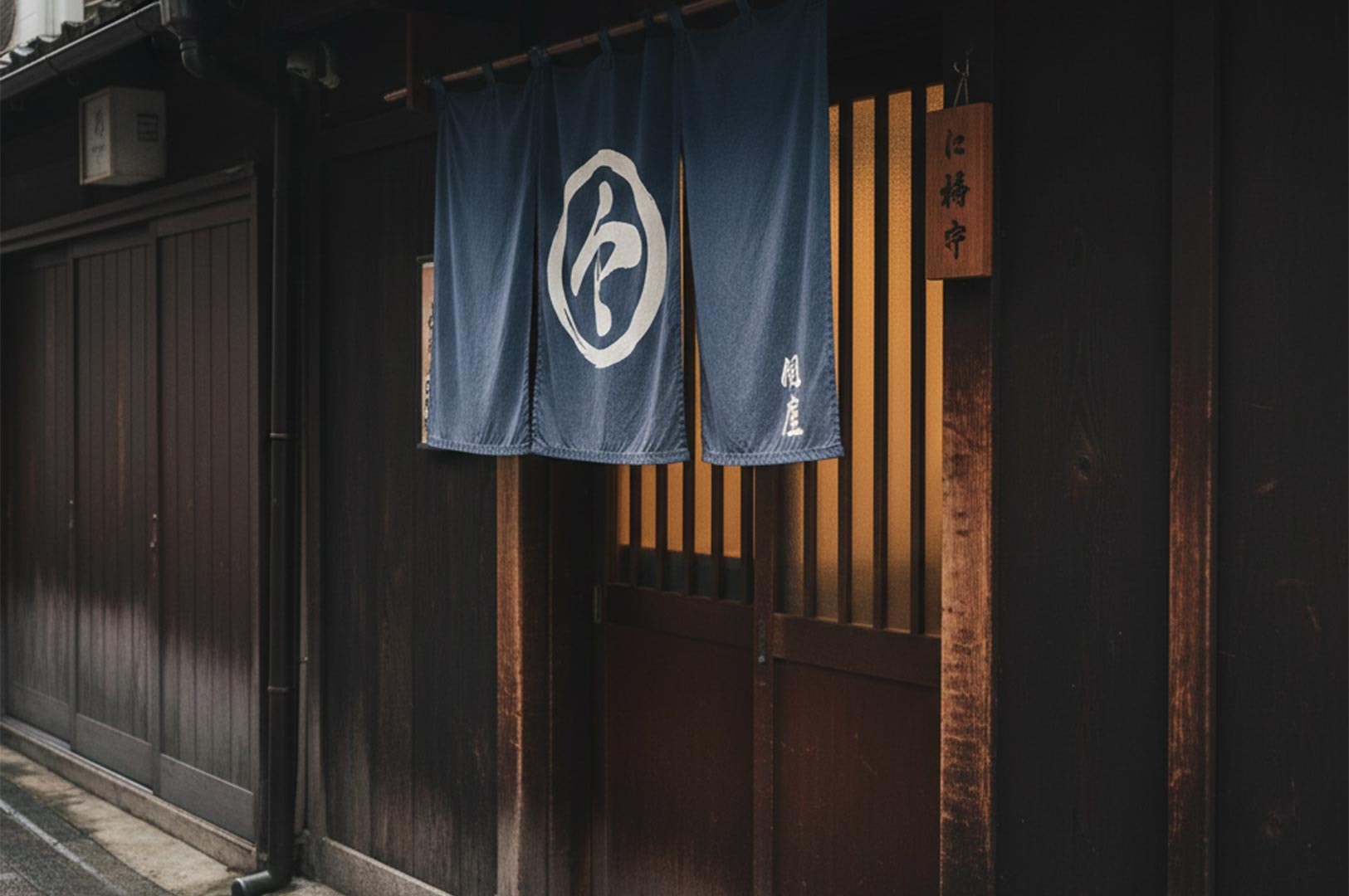 The exterior entrance of a traditional Japanese restaurant featuring dark wood sliding doors and a blue Noren curtain with a white crest hanging above the doorway.