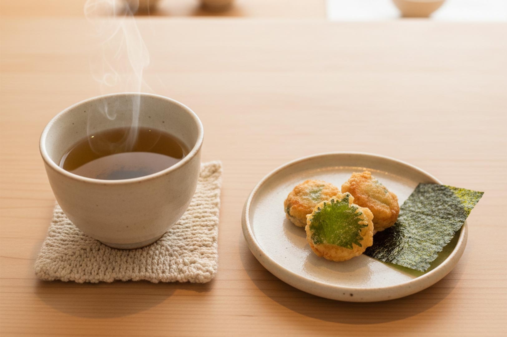 A steaming cup of hot Japanese tea served alongside a small ceramic plate featuring fried tempura cakes garnished with shiso leaf and nori seaweed.