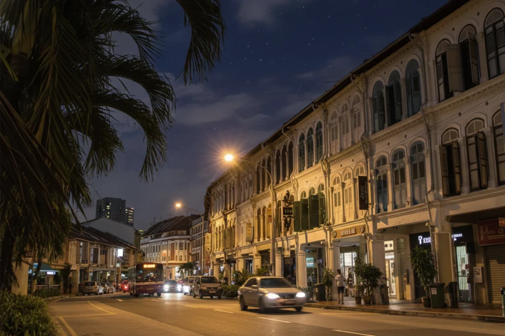 A street view of illuminated historical shophouse architecture in Singapore at night with cars driving by.