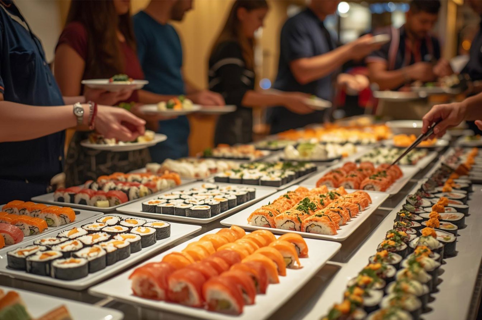 A long buffet table filled with rows of assorted maki and sushi rolls with diners serving themselves in the background.