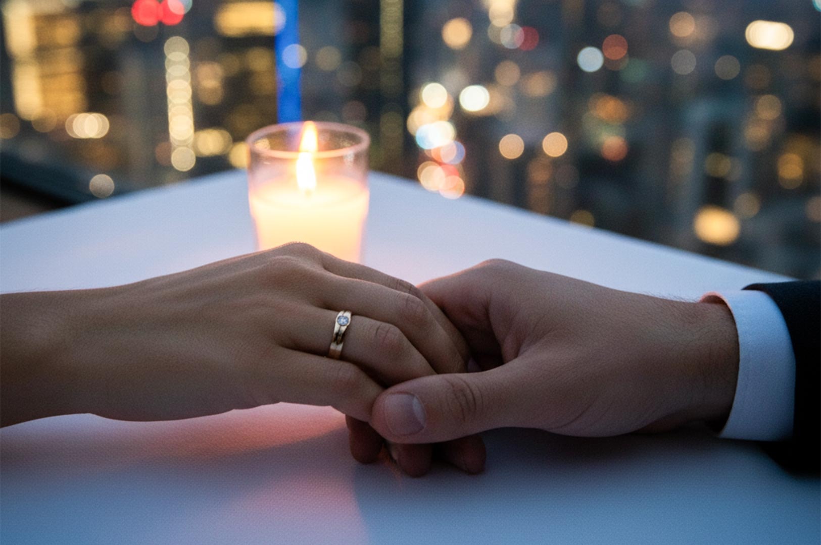 A close-up of a couple holding hands over a table with a candle, set against a background of blurred city lights at night.